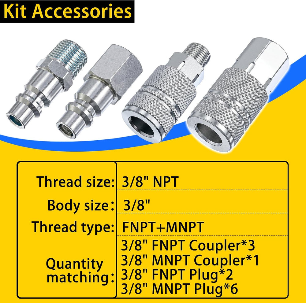 High Flow Air Hose Fitting Set 3/8 Inch NPT 24PCS Air Connect Fitting I/M Plu...