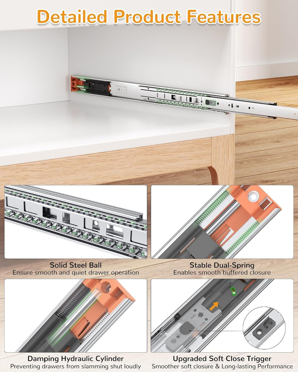Chibery 14" Side Mount Soft Close Drawer Slides, Full Extension, 10 Pairs