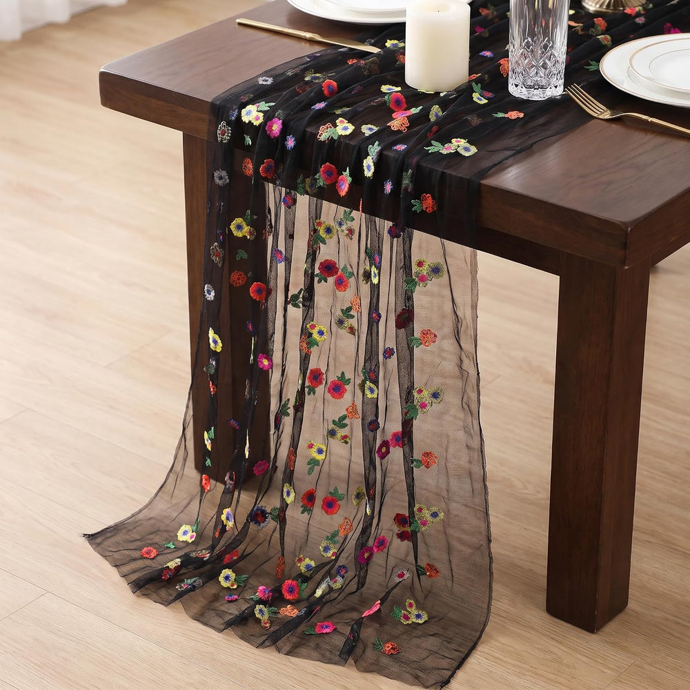 Black Embroidered Floral Daisy Tulle Table Runner Halloween 10FT 6 Pack