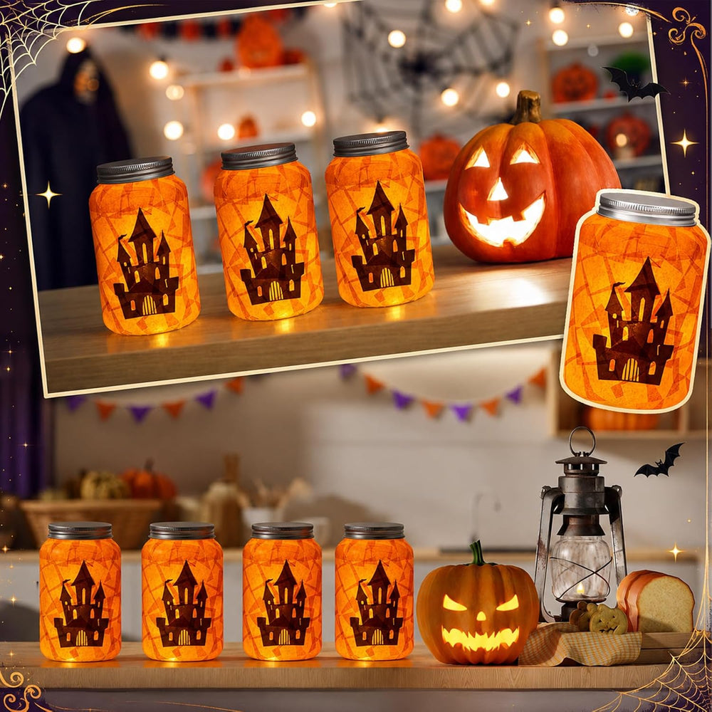 Qinyoung 12 Pcs Halloween Crafts Haunted House Mason Jars with LED Light