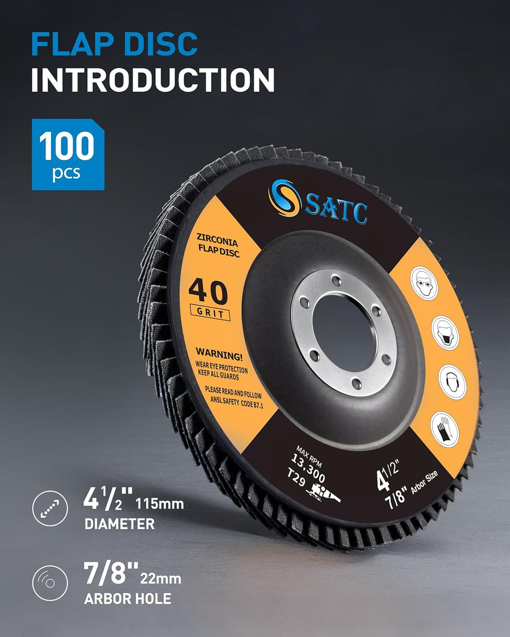 S SATC 4 1/2" Flap Discs 100 Pack Assorted Grit 40/60/80/120 T29 Angle G...