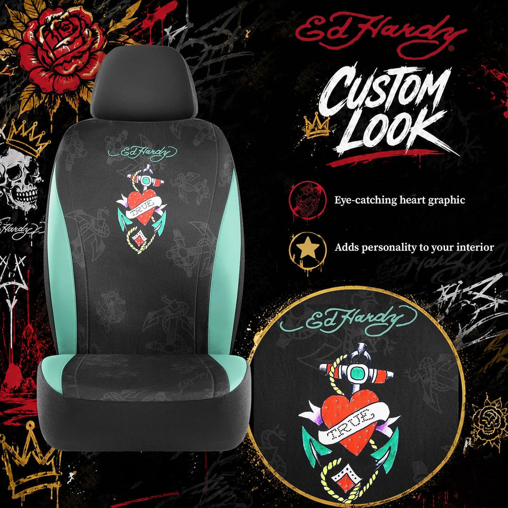 ED HARDY Heart Print Car Seat Covers, Mint Leather Patchwork Design Front Sea...