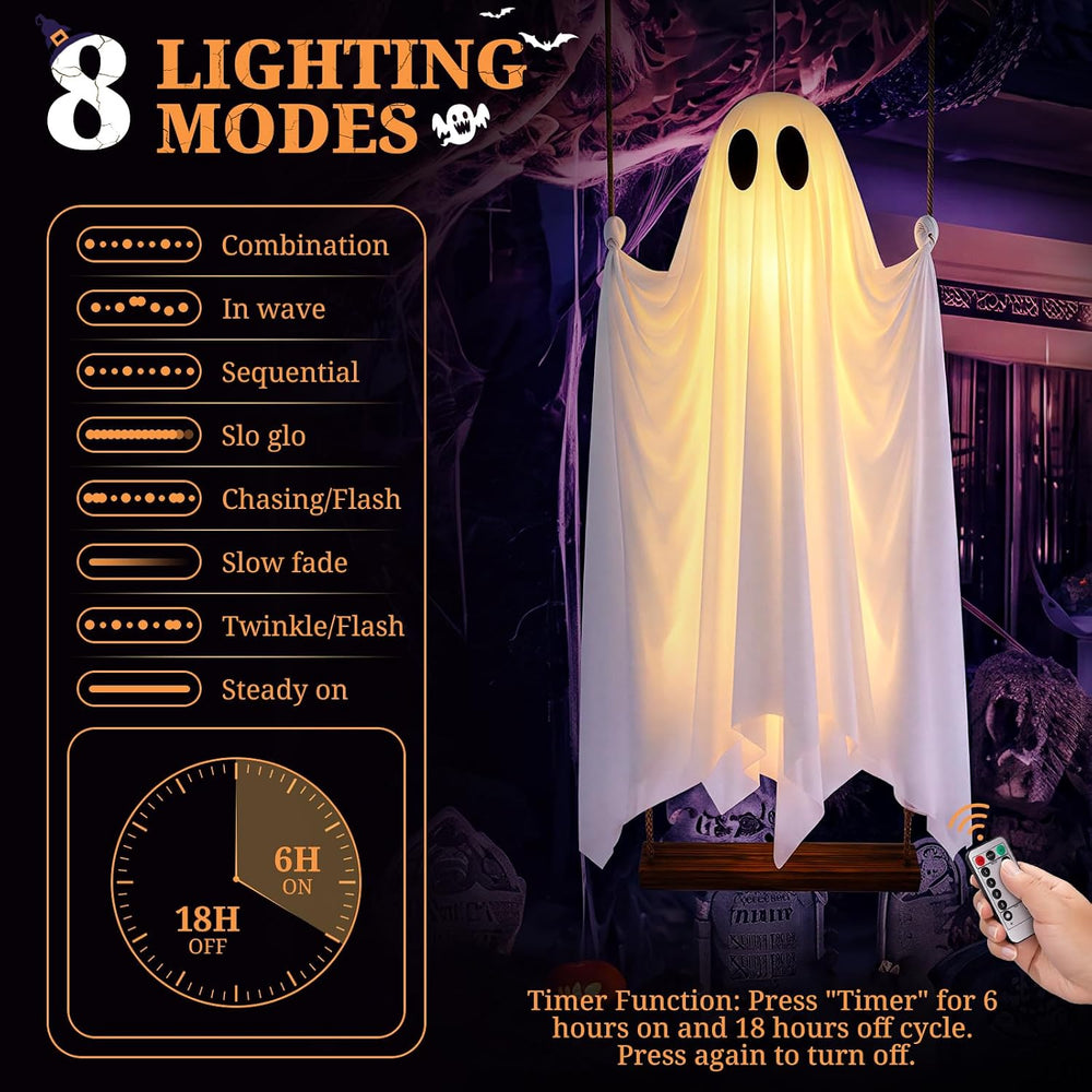 Large 5 FT Hanging Ghost Decor, Swing Ghost Halloween Decorations Outdoor