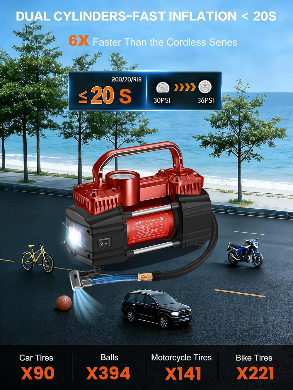 GSPSCN Heavy Duty Tire Inflator 12V Portable Air Compressor Pump 150PSI