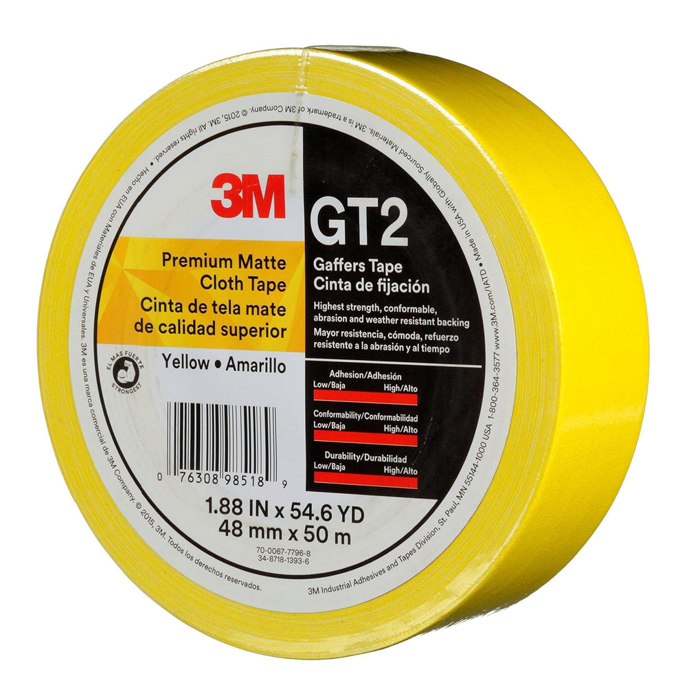 3M Premium Matte Cloth (Gaffers) Tape GT2, Yellow, 48 mm x 50 m, 11 mil
