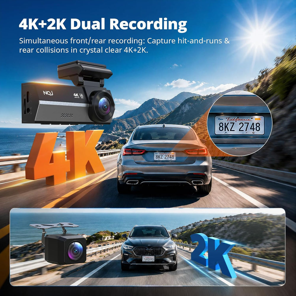 Dash Cams Front and Rear, NQJ 4K+2K Dual Dash Camera for Cars w 64GB Card