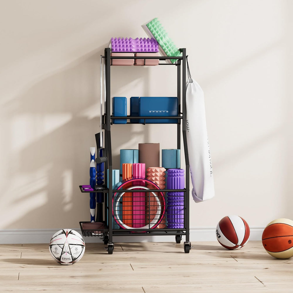 Sports Equipment Storage Rack with Wheels, 3-Tier Ball Organizer