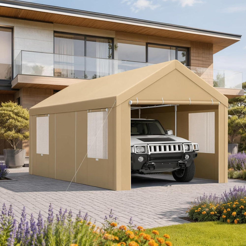 10x20 FT Heavy Duty Carport with Galvanized Frame & Sandbags, Khaki