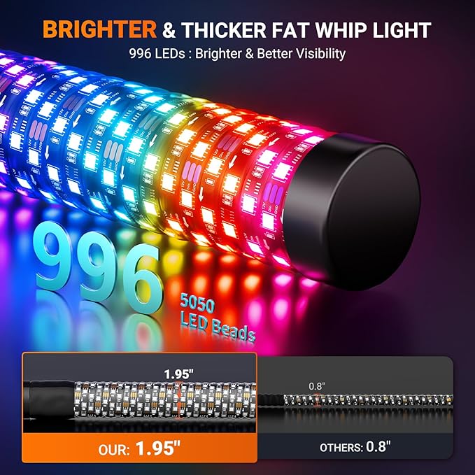 2PCS 4FT Fat Whip Lights for UTV ATV