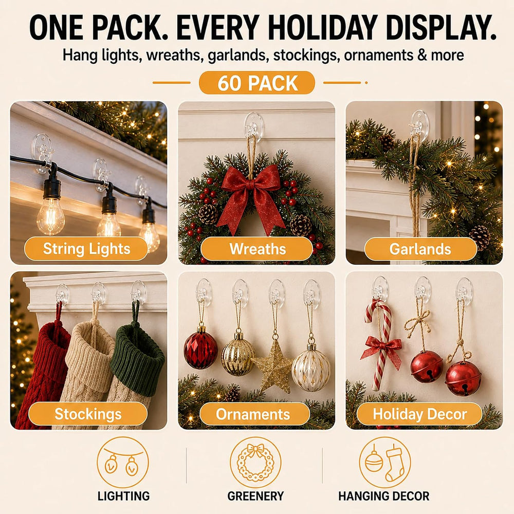 Christmas Outdoor String Lights Hooks - 60Pcs Clips 3X Stronger Adhesion