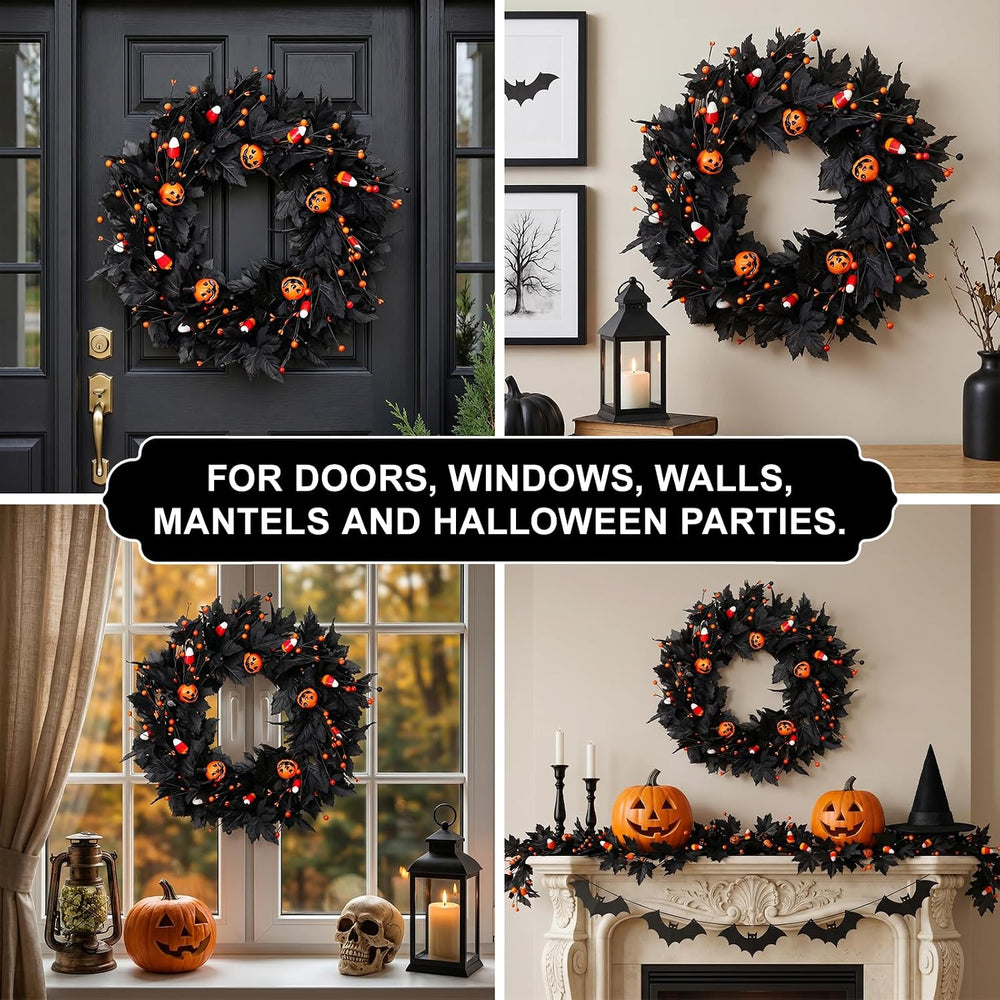 Pumpkin Halloween Wreath 24 Inch Black Maple Leave Wreaths for Front Door wit...