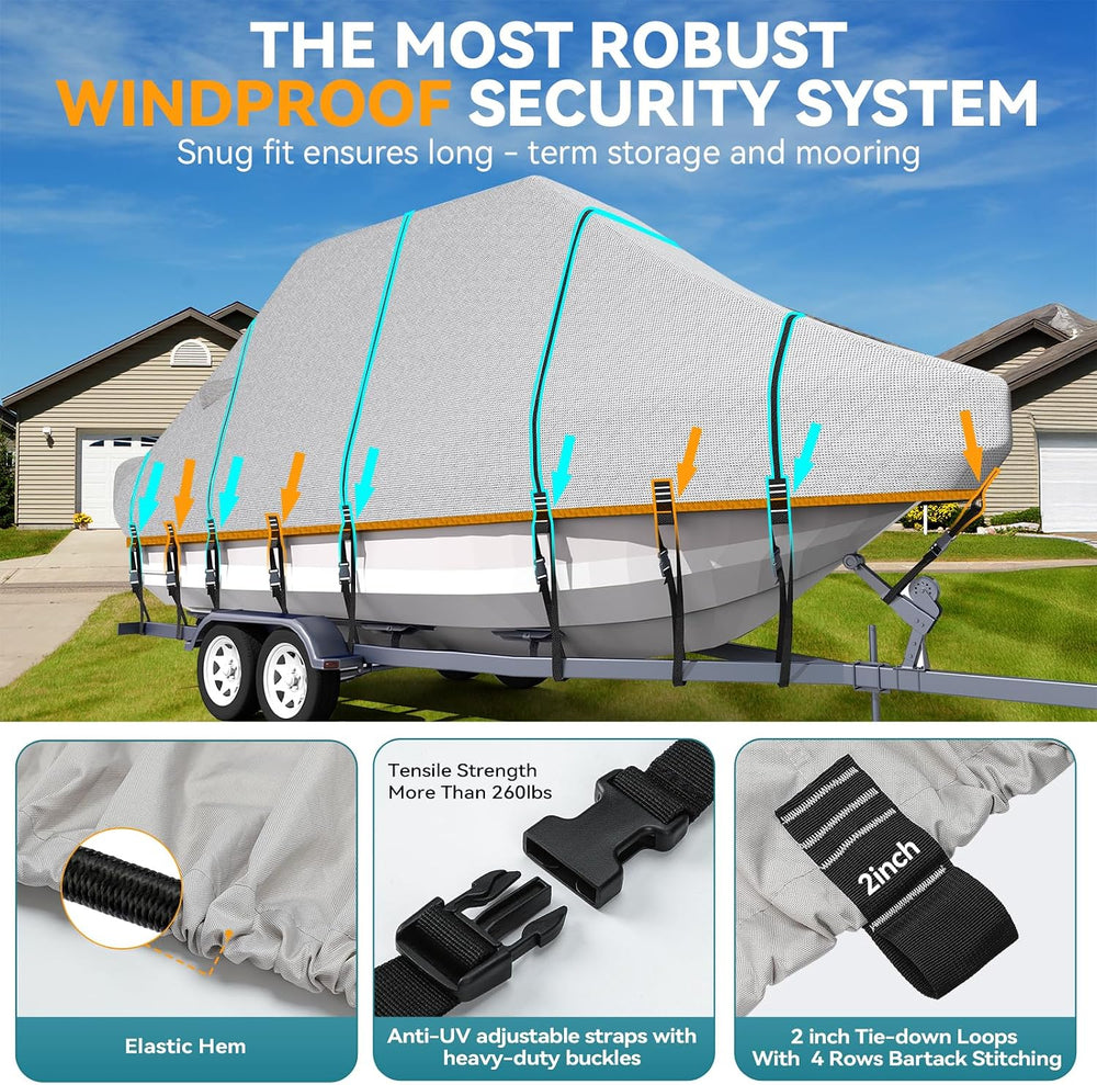 5-ply 1200D T-Top Center Console Boat Cover with Mortor Cover, 19'-21'