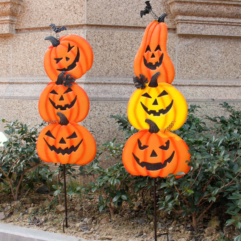 Juegoal 2 Pack Halloween Garden Stakes, Stacked Metal Pumpkins Jack-o-Lantern...