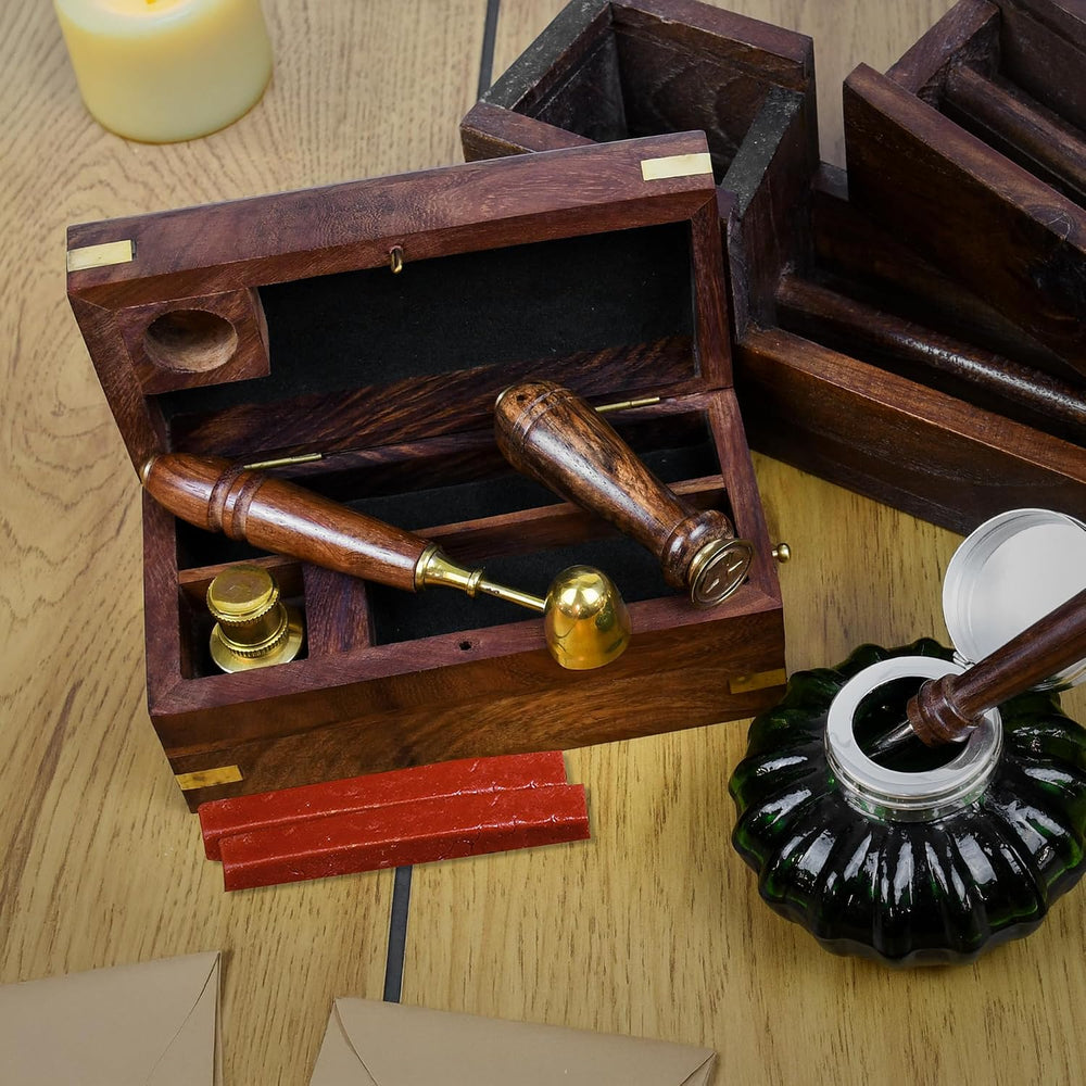 Letter Stamp Wax Seal Kit - Wooden Box with Pot, Sticks and Burner Wood Handl...