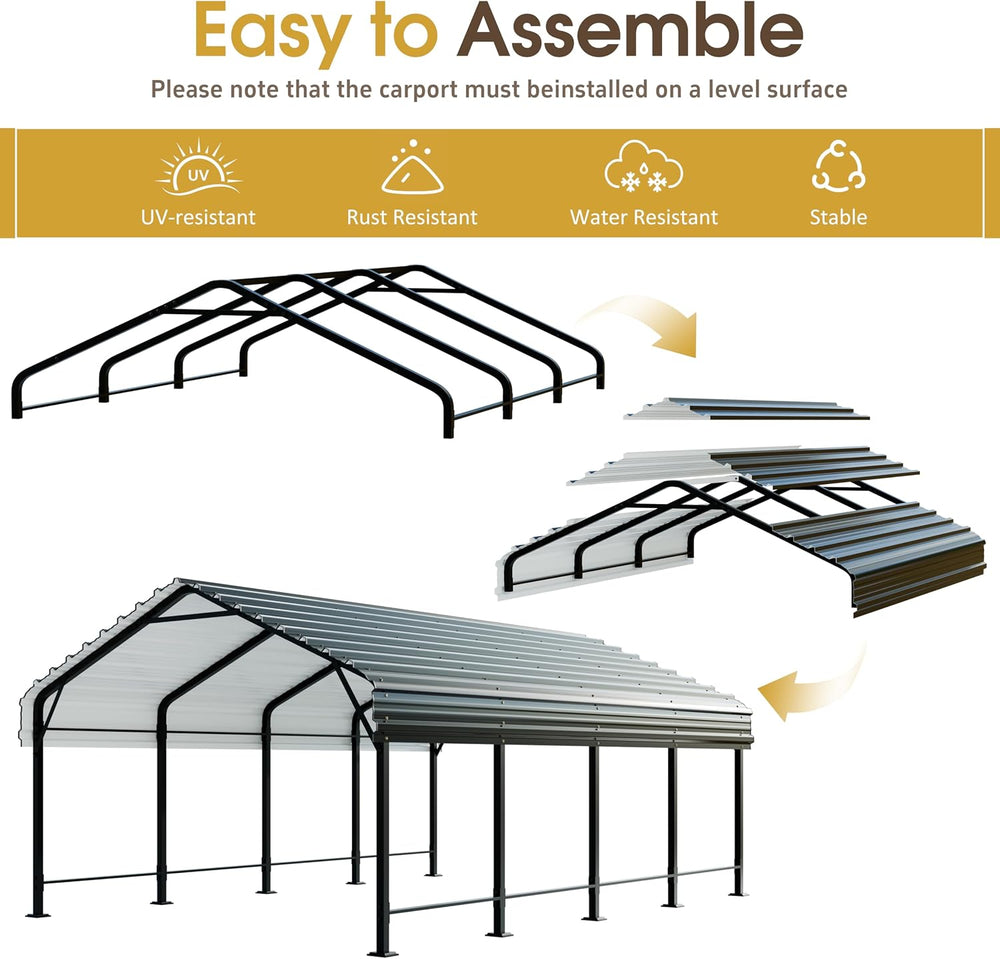 JAMFLY Carport, Heavy Duty Carport Canopy with Galvanized Steel Roof and Fram...