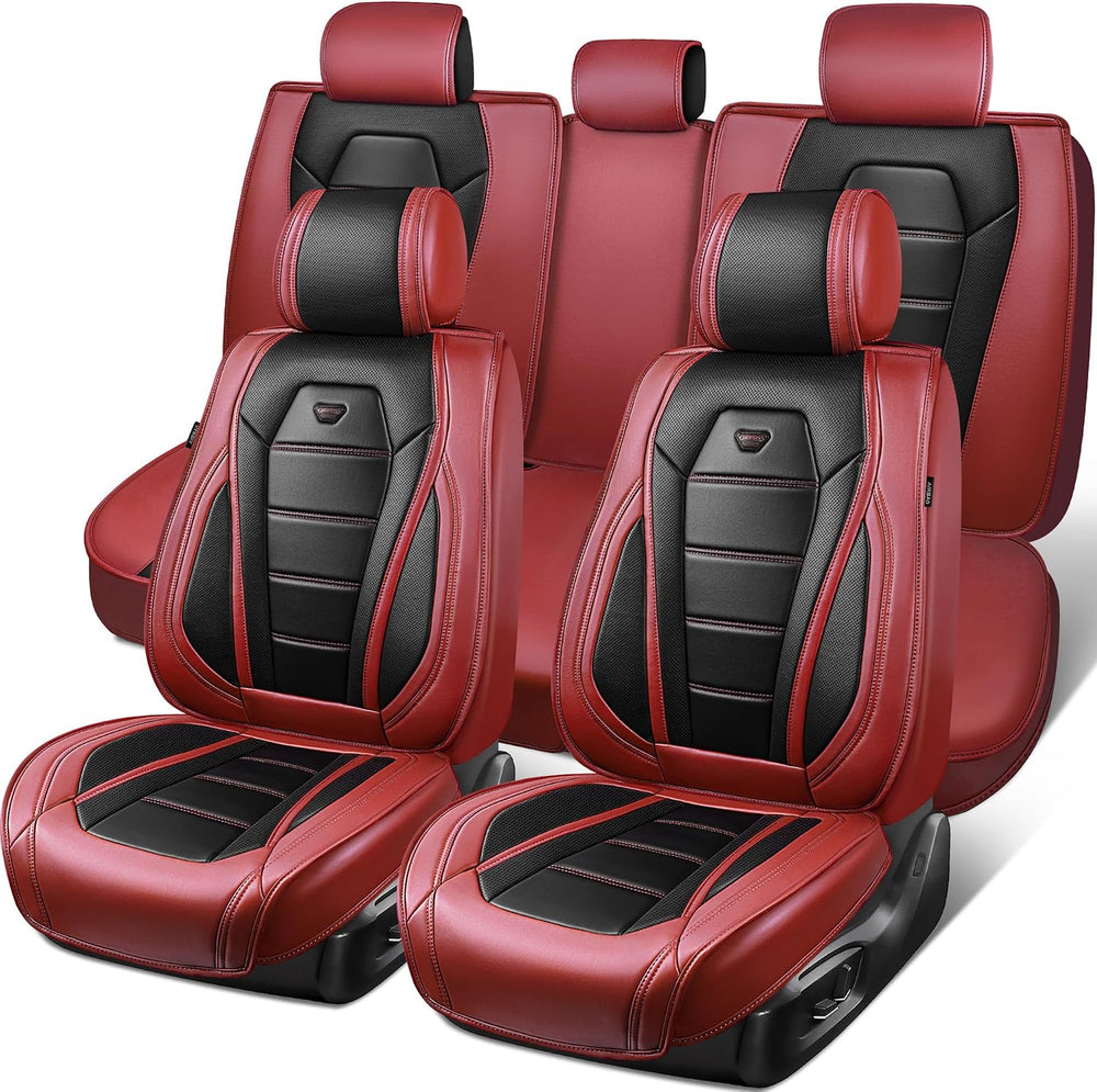 CAR PASS Nappa Leather Car Seat Covers Full Set Faux Leather, Black Red