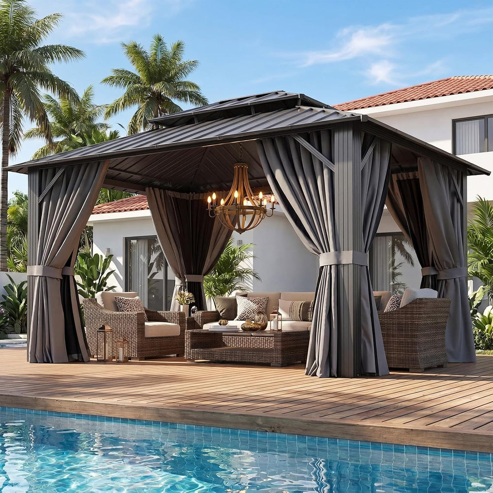 Aoxun Gazebo 10x12 Hardtop Gazebo with Double Galvanized Steel Roof, Gray