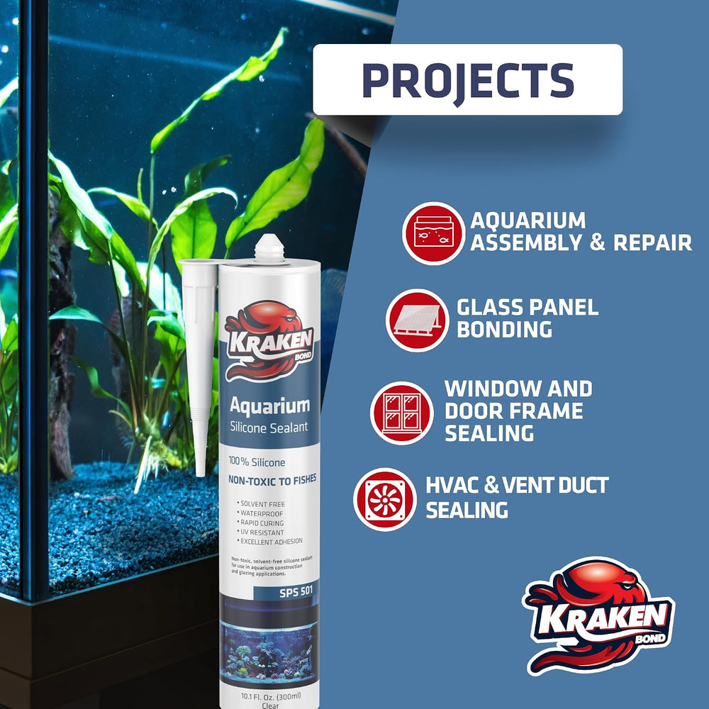 Kraken Bond Aquarium Silicone Sealant Clear - (12x10.1 fl. oz.) 100% Waterpro...