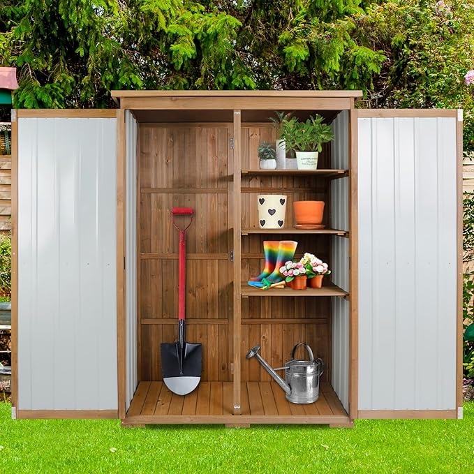 Outdoor Storage Cabinet Wood & Metal, Storage Shed Waterproof Double Lock