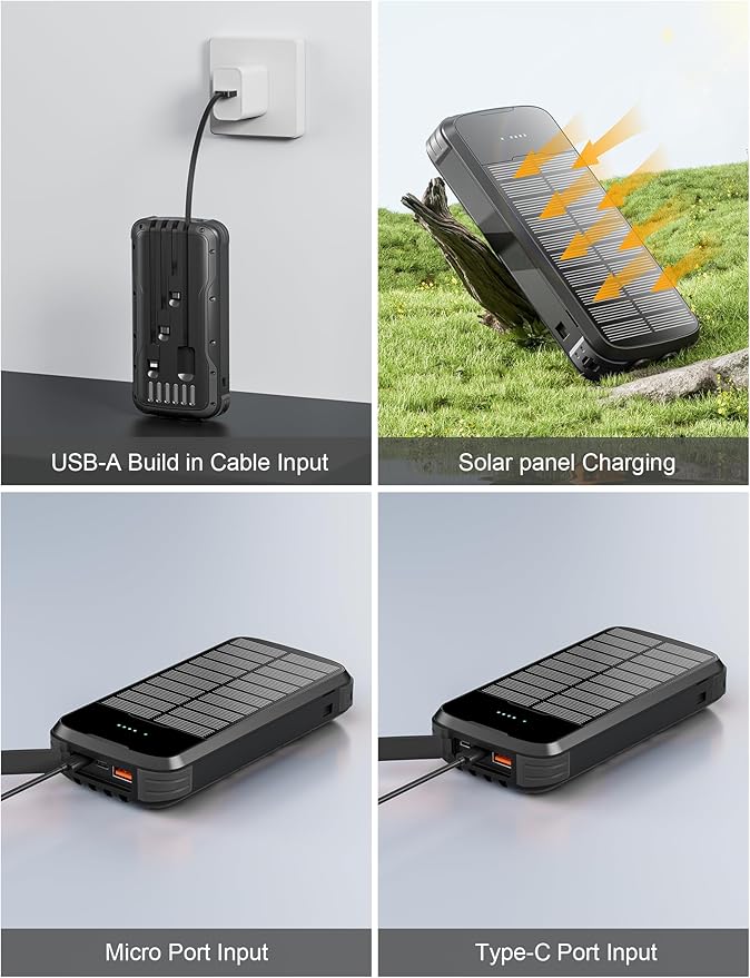 Solar Charger Power Bank, 40000mAh Portable Phone Charger Built in 4 Cables