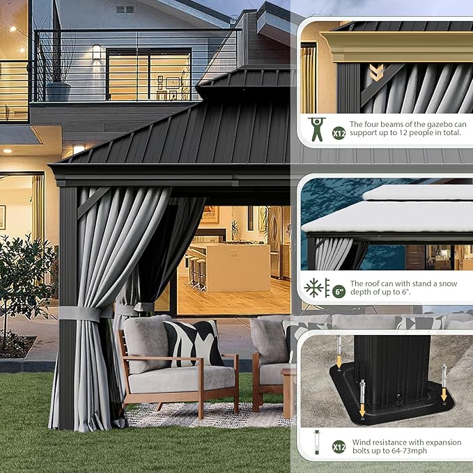 Aoxun 12' X 16' Permanent Hardtop Gazebo Aluminum Gazebo