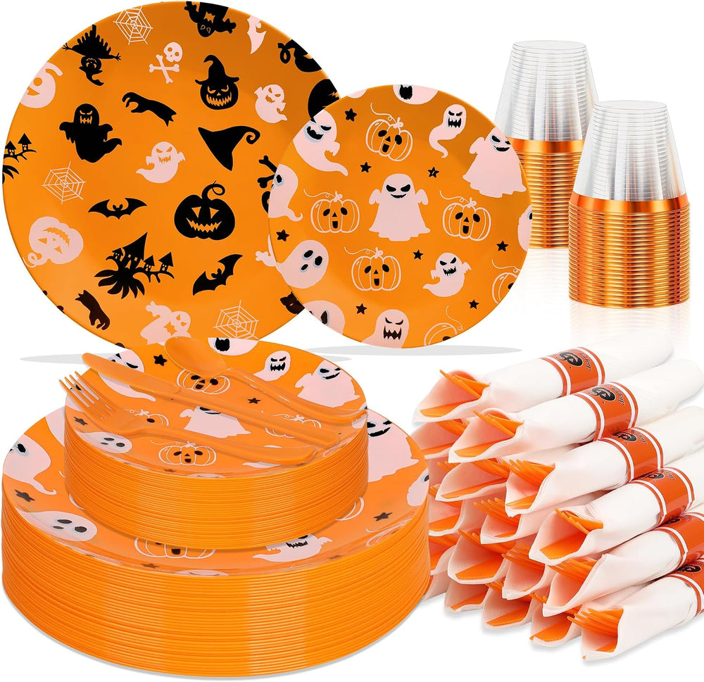 Sylans 175PCS Halloween Party Plates Set Disposable for 25 Guests