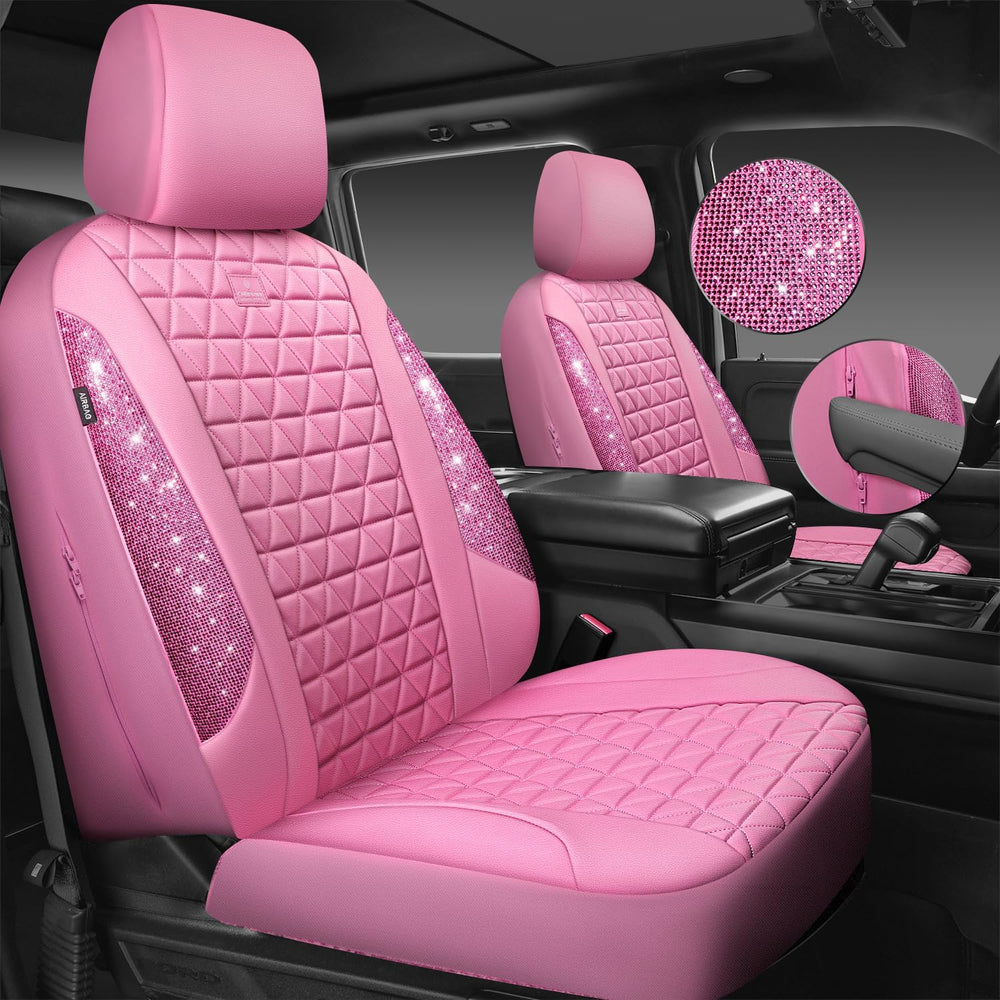 CAR PASS Bling Diamond Pink Leather Car Seat Covers for 2 Front Seats Protect...
