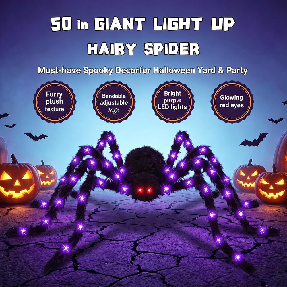 2 Pack 50 Inch Giant Light Up Halloween Spider Decoration Outdoor Indoor,Glow...