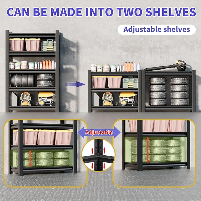 5-Tier Heavy Duty Metal Garage Shelving Unit, Industrial Style, Adjustable