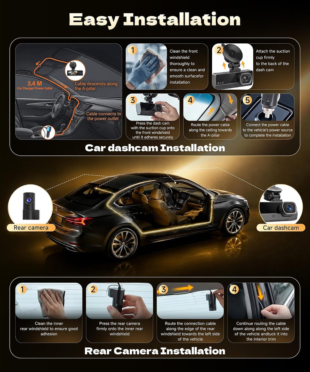 4K Dash Cam Front Rear and Inside, 3 Channel with 5.8GHz WiFi, 64GB Card