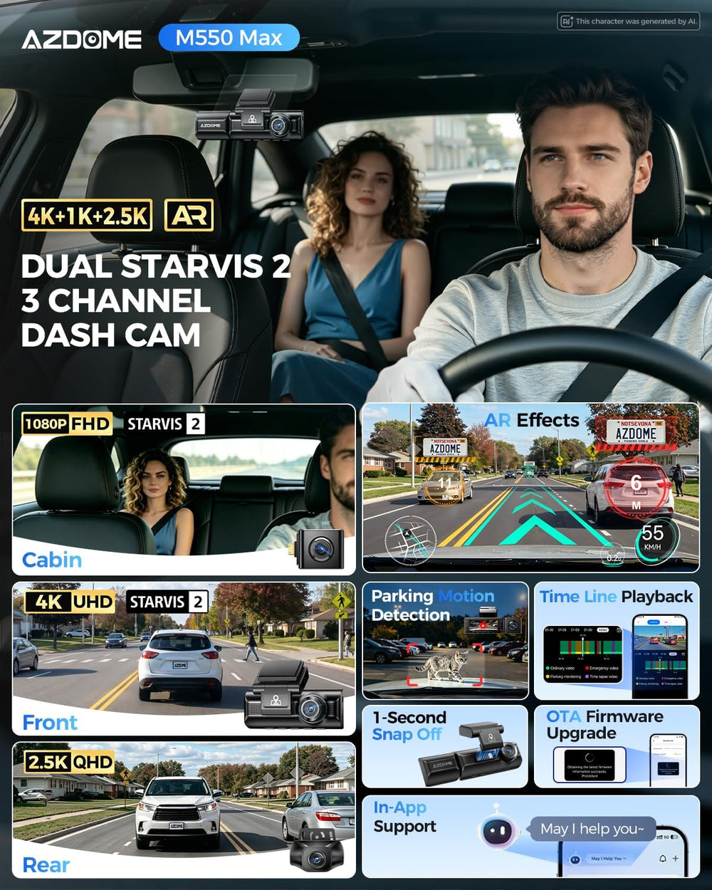 AZDOME M550 Max 4K 3 Channel Dash Cam Front and Rear Inside, Dual STARVIS 2