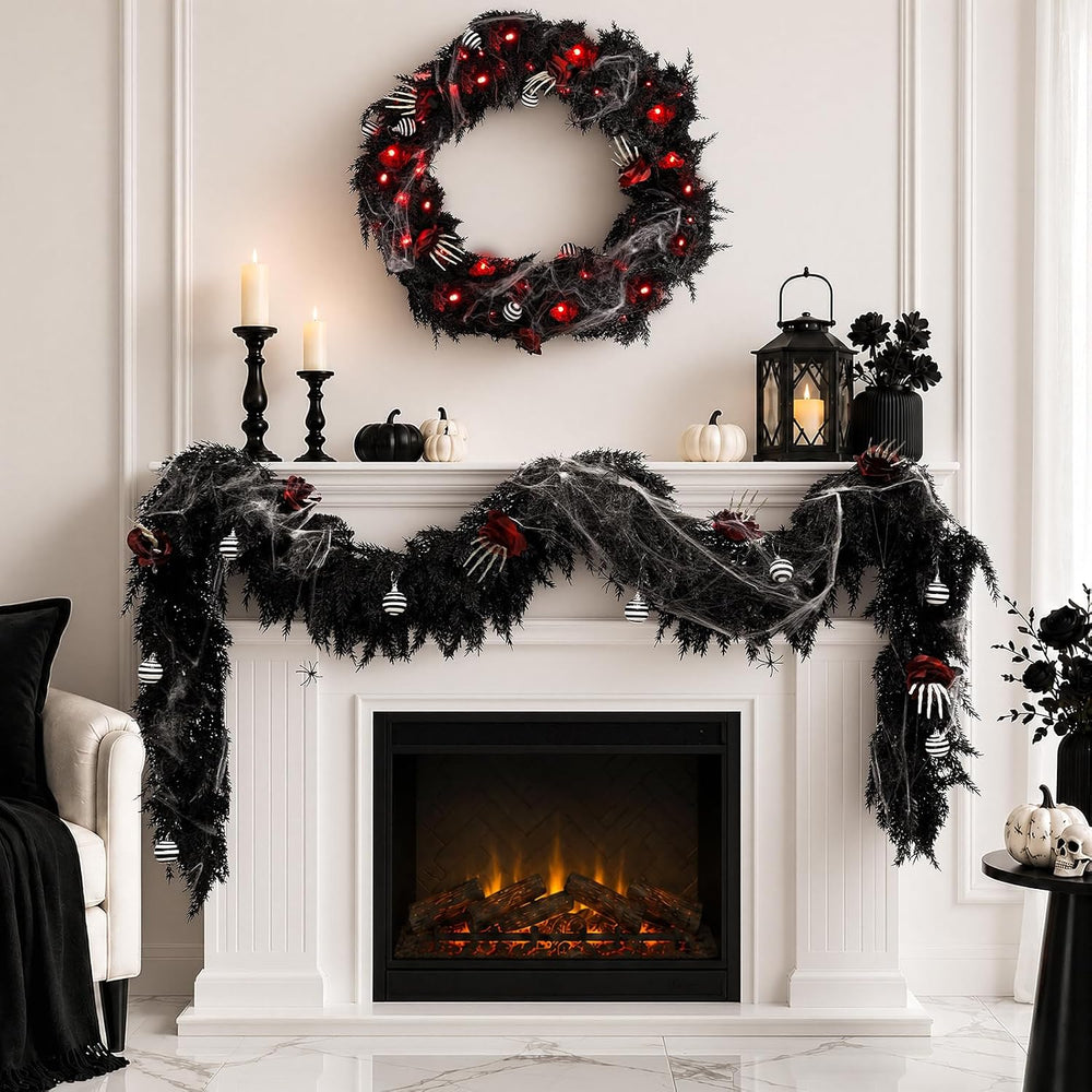 9FT Black Garland with Lights and Ornaments Prelit Halloween Decoration