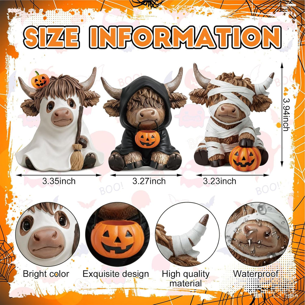 Karenhi 3 Pcs Halloween Highland Cow Figurines, Cute Spooky Ghost Decor