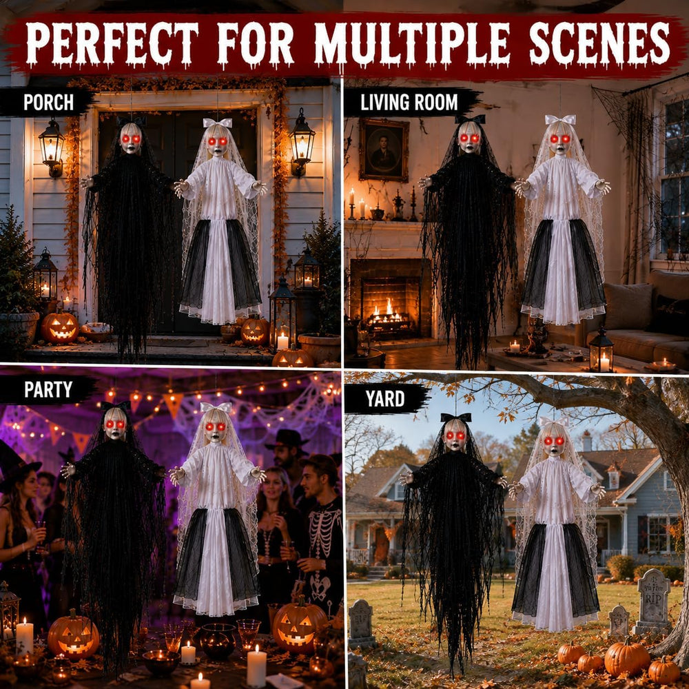 2 PCS Hanging Halloween Decorations Twin Sisters with LED Eyes & Sound