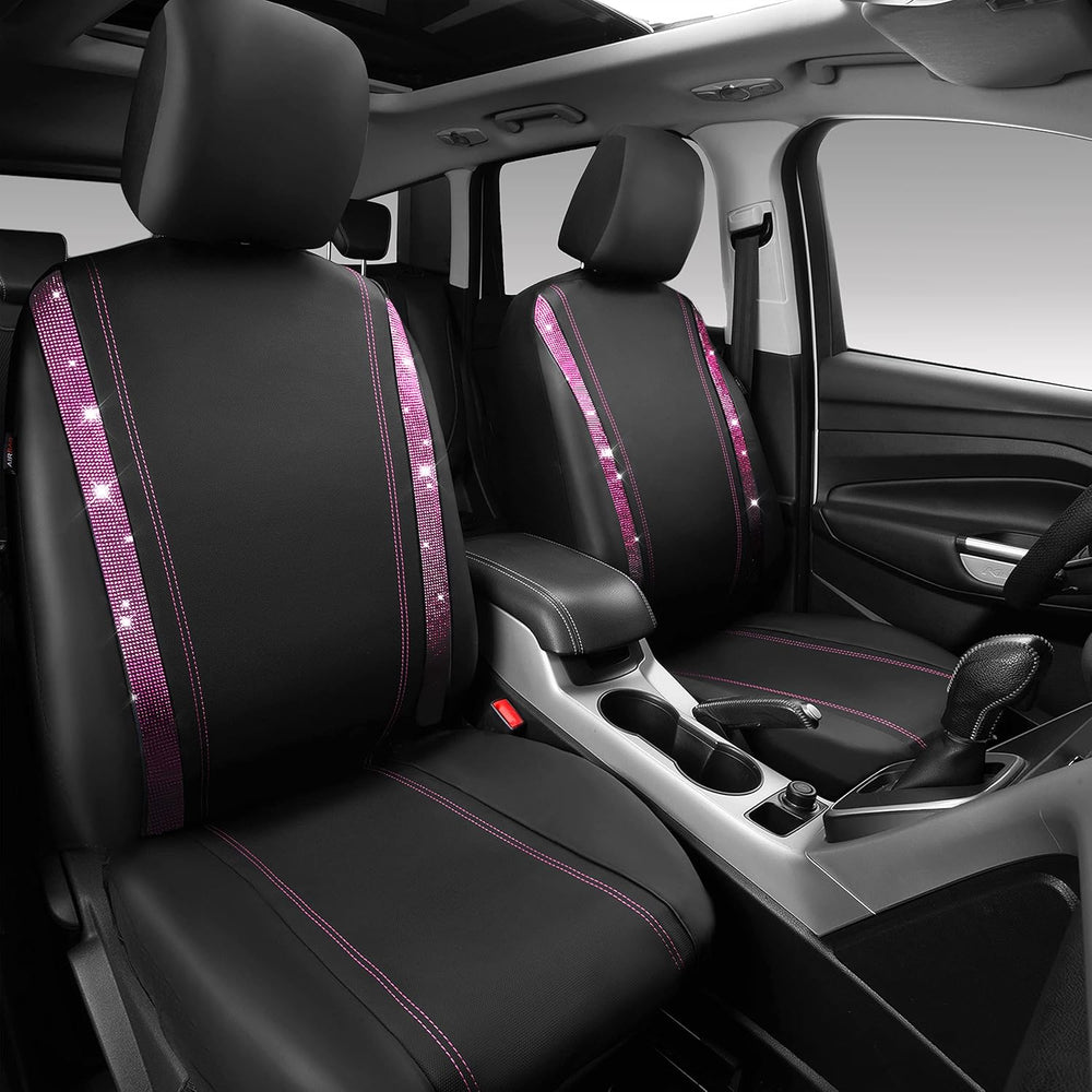 CAR PASS Leather Bling Diamond Car Seat Covers 2 Front Interior Sets, Waterpr...