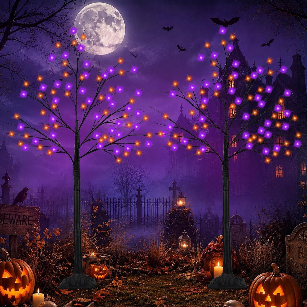 Black Halloween Tree with Purple and Orange Lights, 2Pack 6FT 300LED