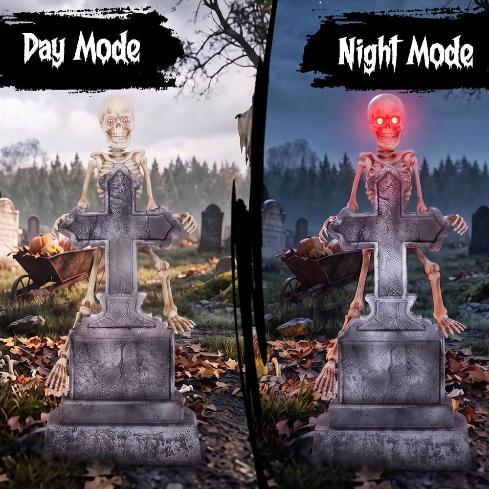 46" Halloween Animatronic Tombstone Decor, Sound‑Activated Swaying Skeleton