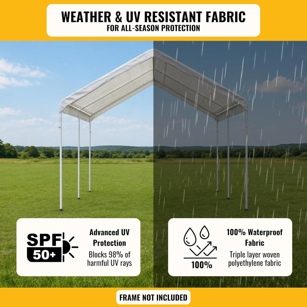 10x20 ft Carport Replacement Canopy Cover - Heavy-Duty Waterproof Tarp with U...