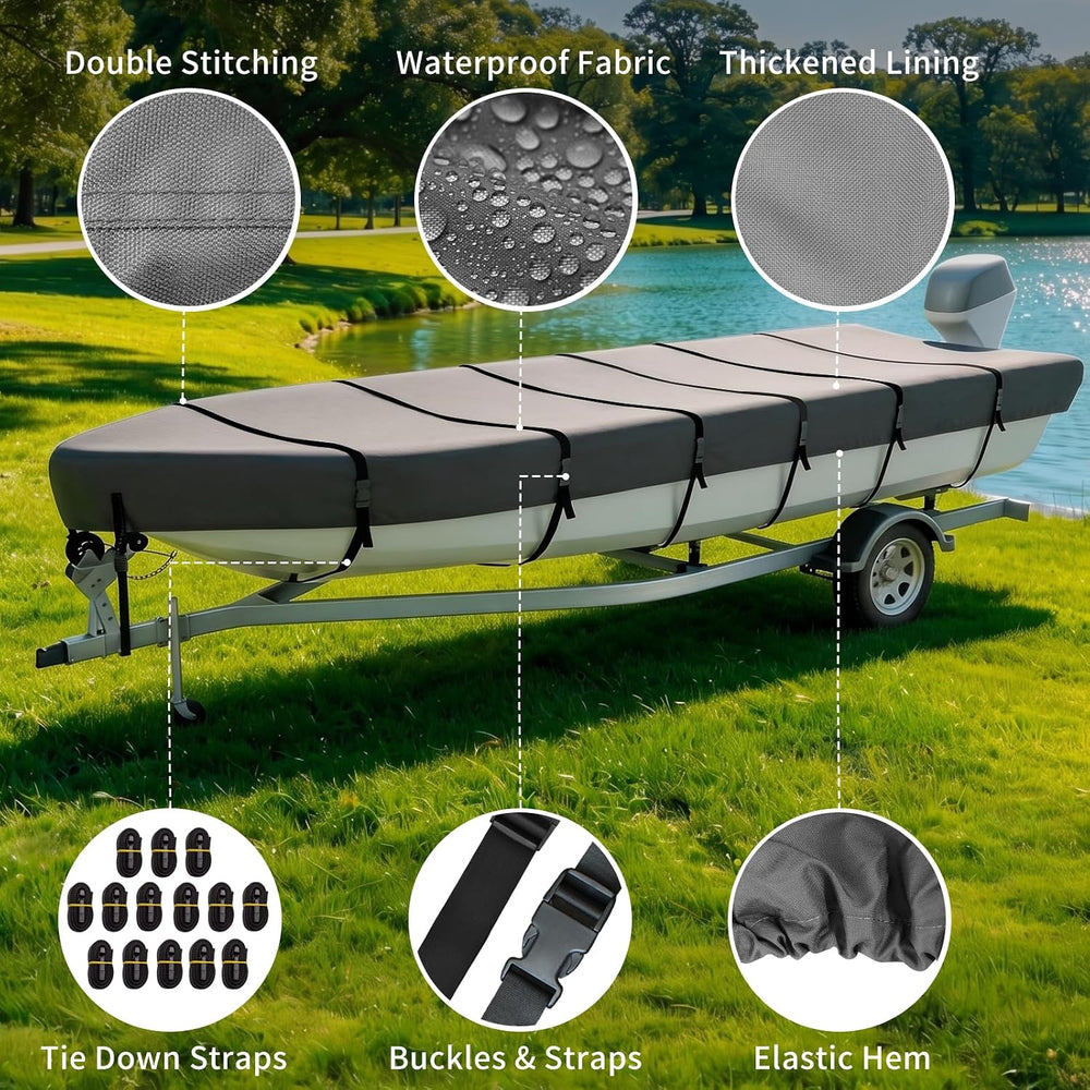 Jon Boat Cover for 10-12ft V-Bow, 1200D 5-Layer Waterproof Oxford Fabric, Hea...