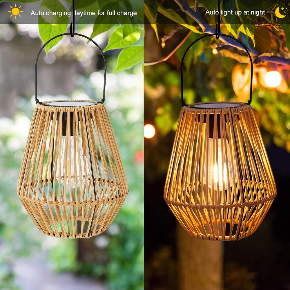 Livinlarge Solar Lanterns Outdoor Waterproof,Wicker Solar Lantern 2 Pack |