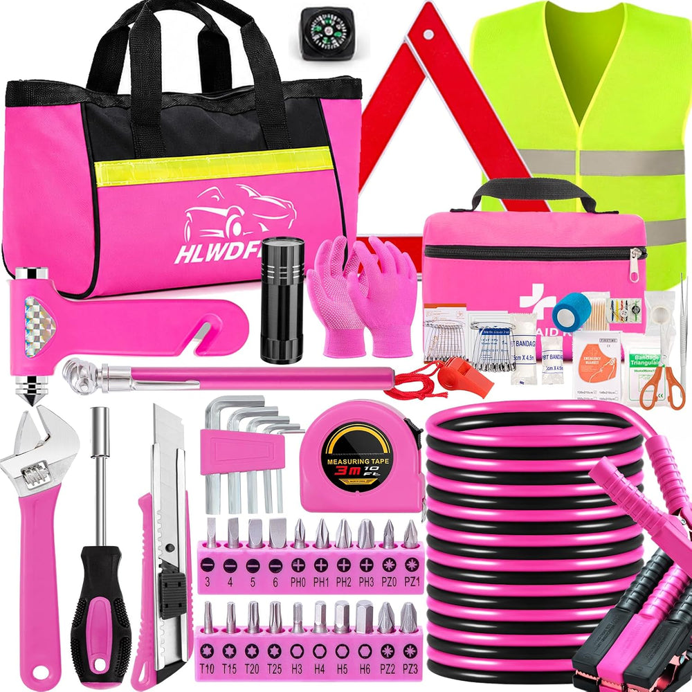 Car Roadside Safety Kit - 129pcs Pink Winter Emergency Road Side Assistance K...