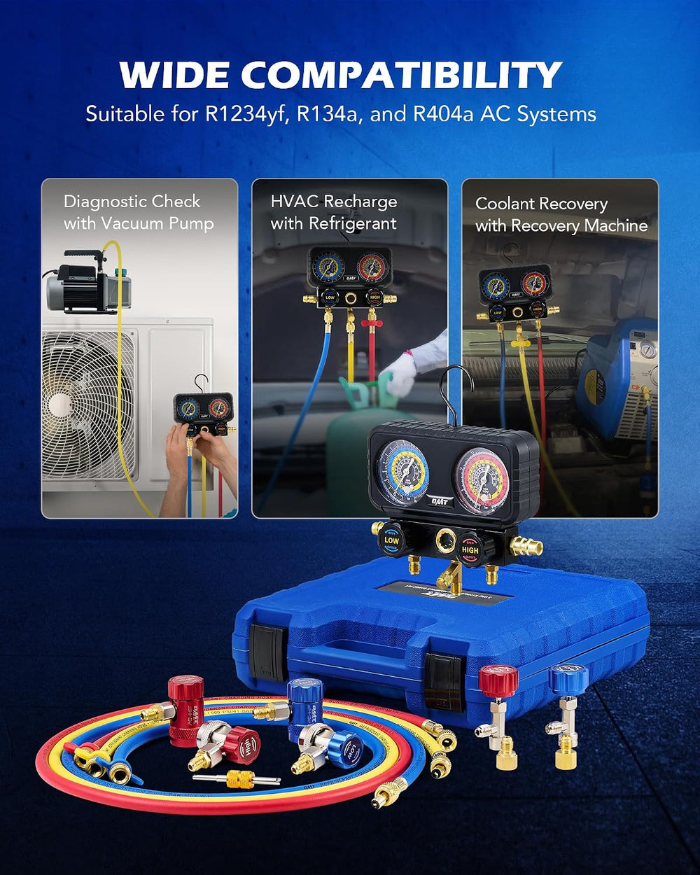 OMT 3-Way AC Manifold Gauge Set for R1234yf R134a R404a with 5ft Hoses