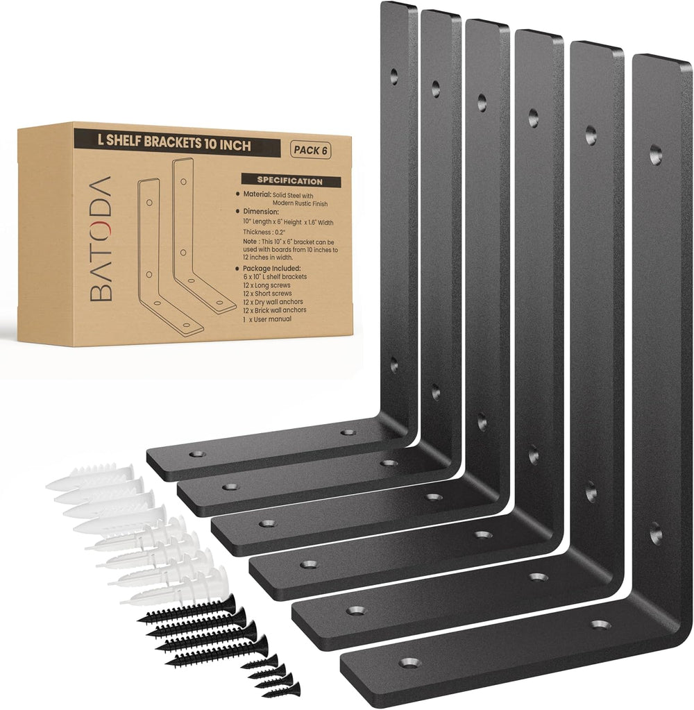 BATODA 10" L Heavy Duty L Shelf Bracket for Floating Shelves, Pack 6, Black