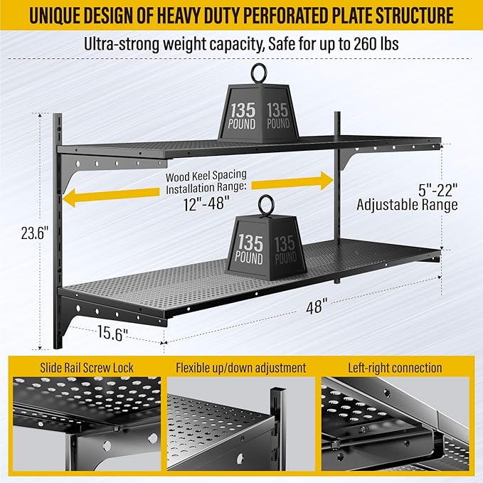 2 Tier 1.3x4ft Garage Shelving Wall Mounted, 400 lbs Load Capacity，15.6x48inch