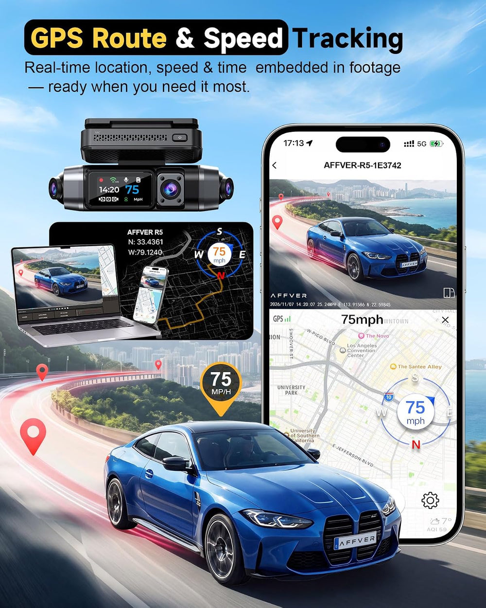 Affver 5 Channel 4K Dash Cam Front Rear Inside Left Right with GPS WiFi 6