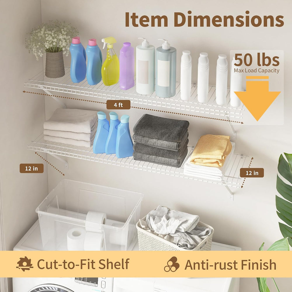 PROWORX Closet Shelves Wall Mounted, 2 Pack 4 ft x 12 in White Wire Shelving ...
