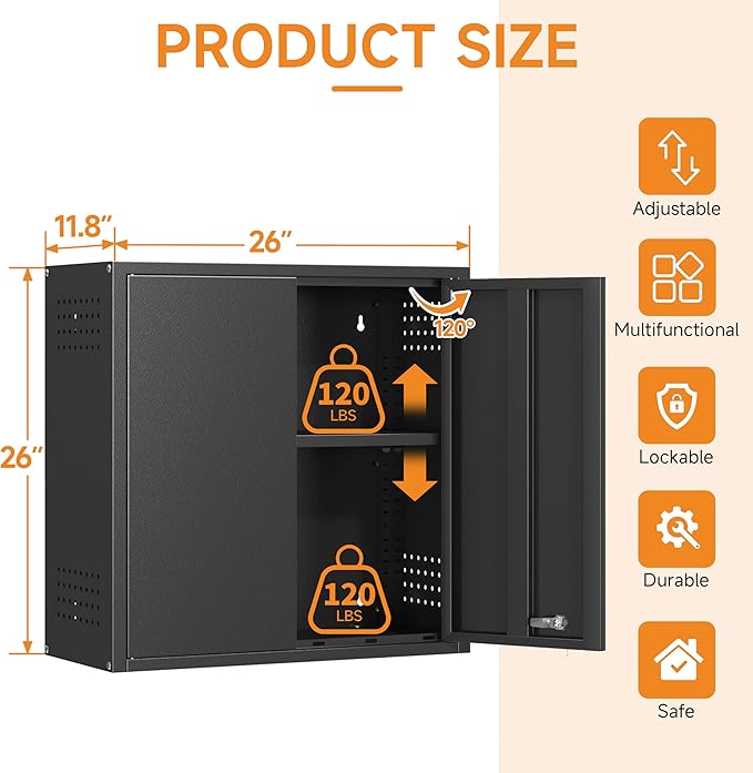 Metal Garage Wall Cabinet with 2 Doors and 1 Adjustable Shelf, Lockable