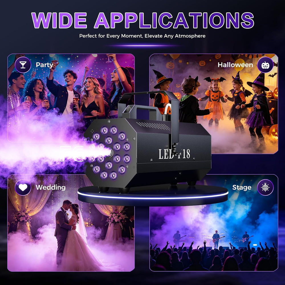 1200W Fog Machine, 6000CFM for Halloween, 18 LED Lights & Remote