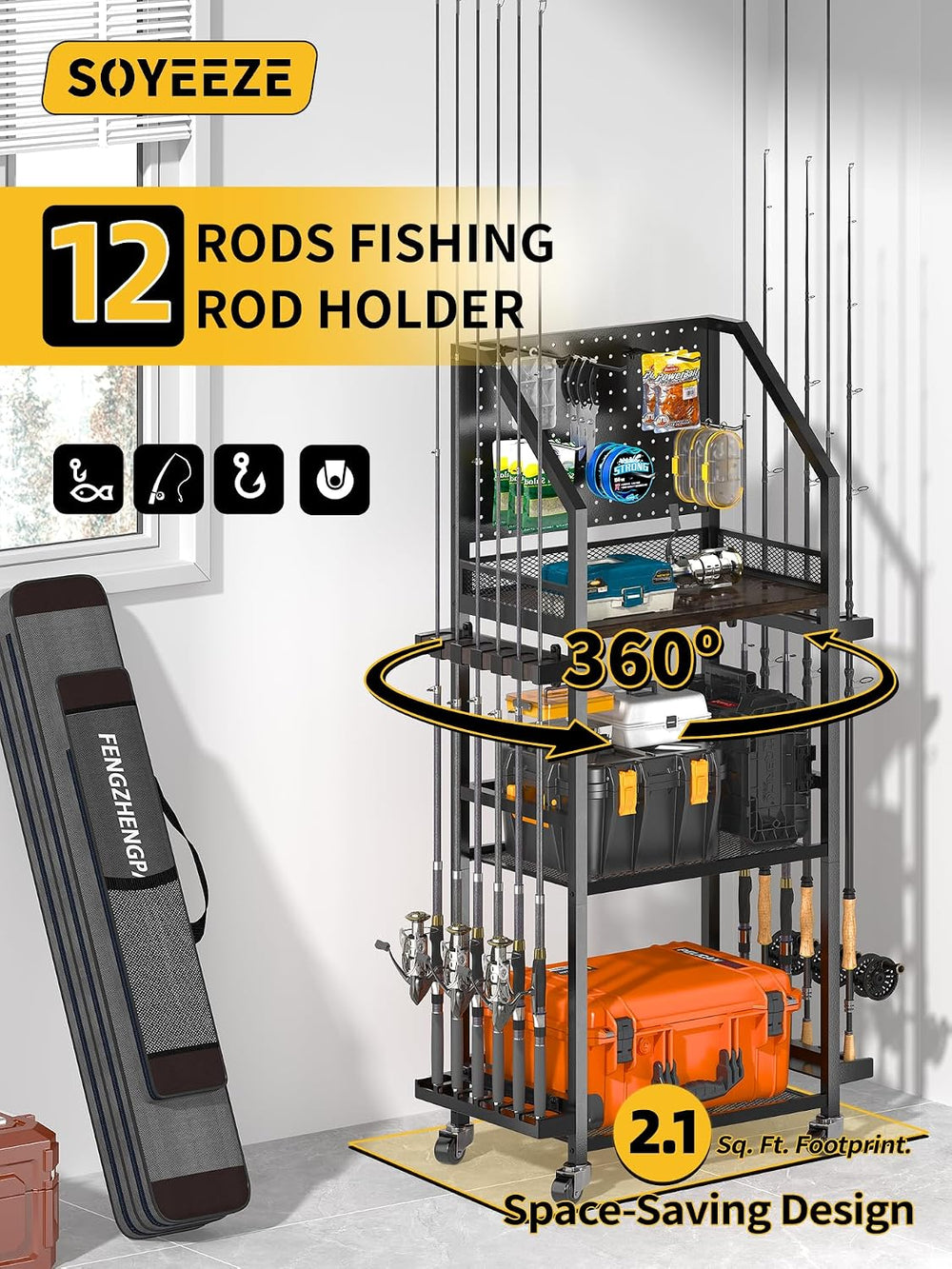 Fishing Rod Holders for Garage, Fishing Pole Holders Up to 12 Rods with Pegbo...
