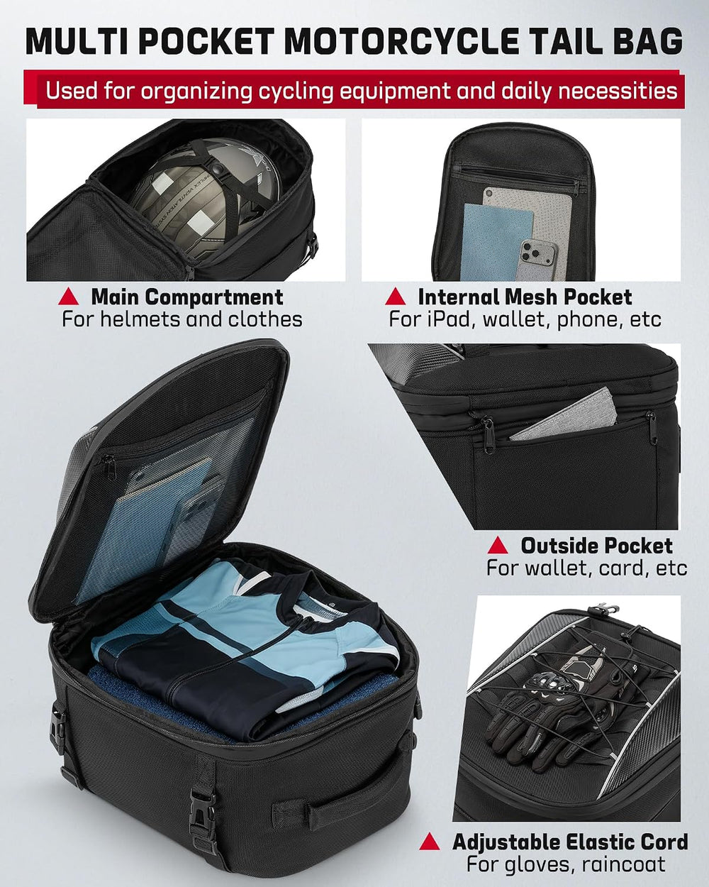 RAINSMORE Motorcycle Tail Bag 22-34L Expandable Motorcycle Rear Seat Bag